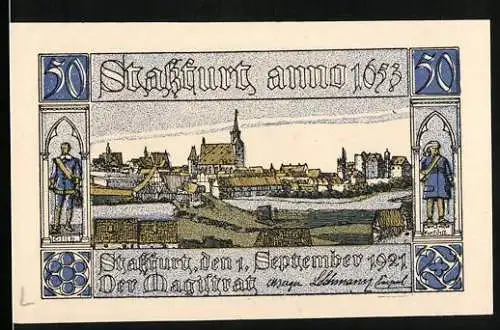 Notgeld Stassfurt 1921, 50 Pfennig, Stadtansicht und historische Figuren