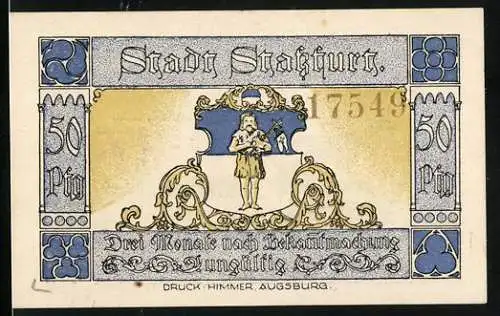 Notgeld Stassfurt, 1921, 50 Pfennig, Vorderseite Stadtwappen mit Flötenspieler, mittelalterliche Ritter