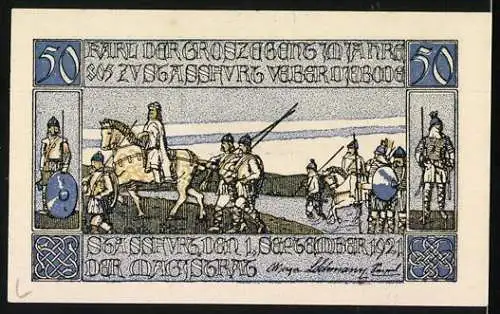 Notgeld Stassfurt, 1921, 50 Pfennig, Vorderseite Stadtwappen mit Flötenspieler, mittelalterliche Ritter