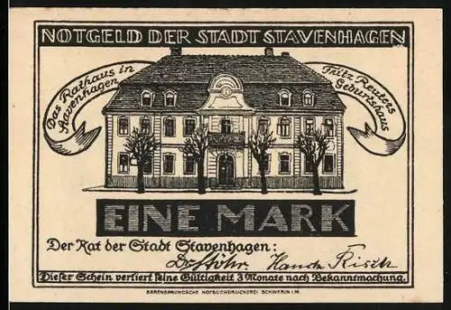 Notgeld Stavenhagen, Eine Mark, Rathaus und Fritz Reuter Porträt, 1921