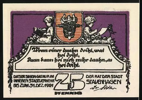 Notgeld Stavenhagen, 1921, 25 Pfennig, Mann auf Stuhl und Stadtwappen mit Spruch