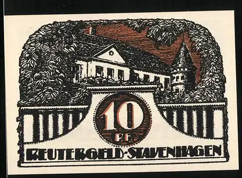 Notgeld Stavenhagen, 1921, 10 Pfennig, Reutergeld mit historischem Gebäude und Gedicht