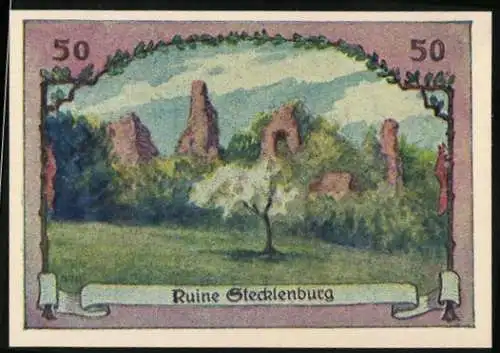 Notgeld Stecklenberg 1921, 50 Pfennig, Ruine Stecklenburg und Ritter mit Wappen