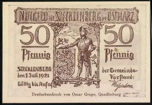 Notgeld Stecklenberg 1921, 50 Pfennig, Ruine Stecklenburg und Ritter mit Wappen