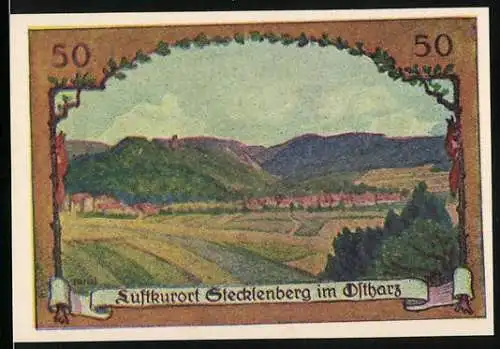 Notgeld Stecklenberg 1921, 50 Pfennig, Luftkurort Stecklenberg im Ostharz, Dreifarbenbruch von Oscar Grupe