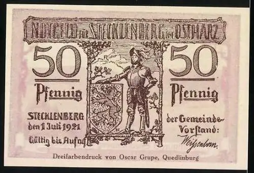 Notgeld Stecklenberg 1921, 50 Pfennig, Luftkurort Stecklenberg im Ostharz, Dreifarbenbruch von Oscar Grupe