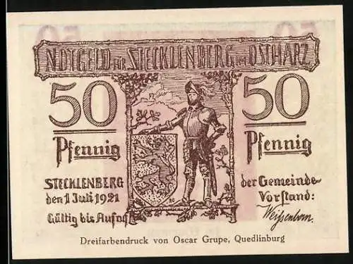 Notgeld Stecklenberg 1921, 50 Pfennig, mit Ritter und Wurmtal-Szene