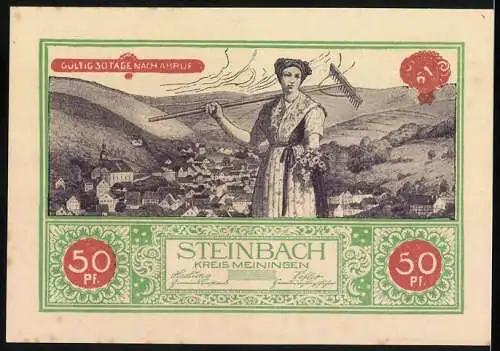 Notgeld Steinbach 1921, 50 Pf, Landschaft mit Frau und Kirche im Hintergrund