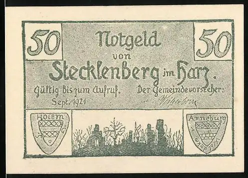 Notgeld Stecklenberg, 1921, 50 Pfennig, Dorf und Schloss Stecklenberg um das Jahr 1810, gültig bis zum Aufruf