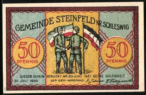 Notgeld Steinfeld Kr. Schleswig 1920, 50 Pfennig, Soldaten mit Flagge und Landschaft mit Windmühle