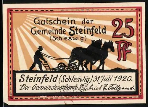 Notgeld Steinfeld (Schleswig) 1920, 25 Pf, Landwirt mit zwei Pferden und Windmühle, Gültigkeit bis 30. Juni 1921