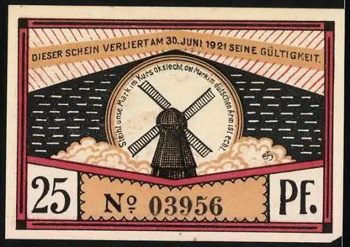 Notgeld Steinfeld (Schleswig) 1920, 25 Pf, Landwirt mit zwei Pferden und Windmühle, Gültigkeit bis 30. Juni 1921