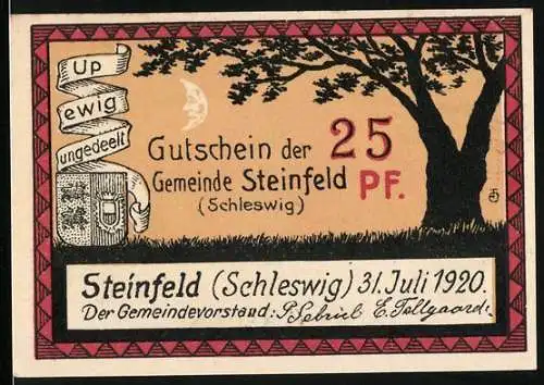 Notgeld Steinfeld 1920, 25 Pf, Gutschein der Gemeinde Steinfeld (Schleswig) mit Gültigkeit bis 30. Juni 1921