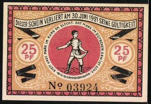 Notgeld Steinfeld 1920, 25 Pf, Gutschein der Gemeinde Steinfeld (Schleswig) mit Gültigkeit bis 30. Juni 1921