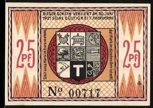 Notgeld Steinfeld 1920, 25 Pf, Gutschein der Gemeinde Steinfeld, Nummer 00717, Gültigkeit bis 30. Juni 1921