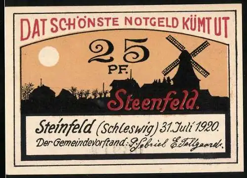 Notgeld Steinfeld 1920, 25 Pfennig, Windmühle und Dorfsilhouette, Gutschein der Gemeinde Steinfeld (Schleswig)