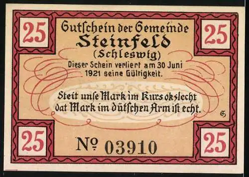 Notgeld Steinfeld 1920, 25 Pfennig, Windmühle und Dorfsilhouette, Gutschein der Gemeinde Steinfeld (Schleswig)