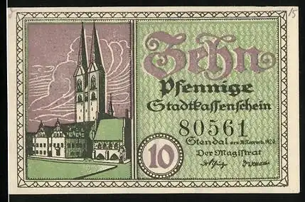 Notgeld Stendal 1921, 10 Pfennig, Abbildung einer Kirche und eines Ritters, Seriennummer 80561