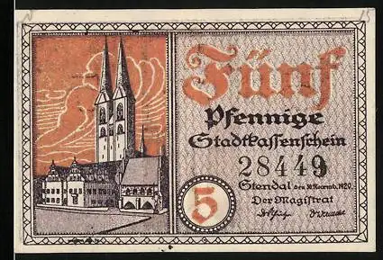 Notgeld Stendal 1920, 5 Pfennig, Stadtkassenschein mit Kirche und Statue