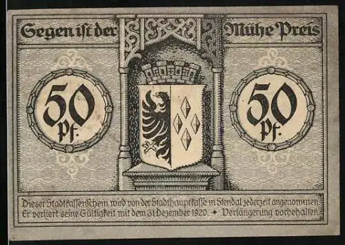 Notgeld Stendal, 1920, 50 Pfennig, Stadtwappen und Stadttor, Seriennummer 32934