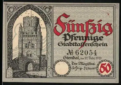 Notgeld Stendal, 1920, 50 Pfennig, Stadtkassenschein mit Stadtwappen und Turm - Gültig bis 31. Dezember 1920