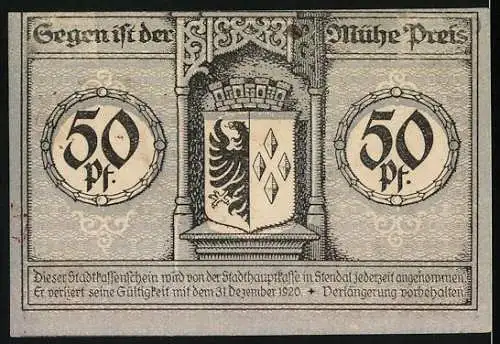 Notgeld Stendal, 1920, 50 Pfennig, Stadtkassenschein mit Stadtwappen und Turm - Gültig bis 31. Dezember 1920