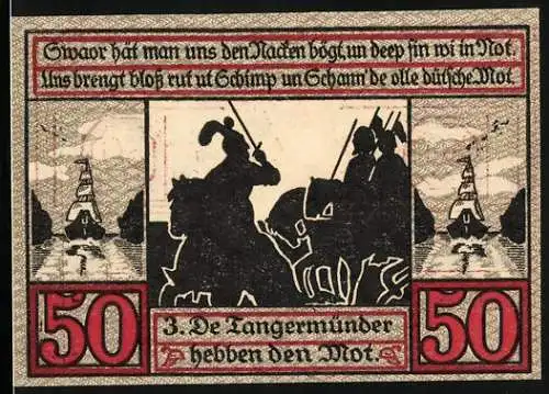 Notgeld Stendal 1921, 50 Pfennig, Stadtwappen und Reiterszene bei Sonnenuntergang