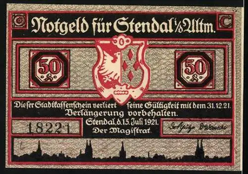 Notgeld Stendal 1921, 50 Pfennig, Stadtwappen und Reiterszene bei Sonnenuntergang