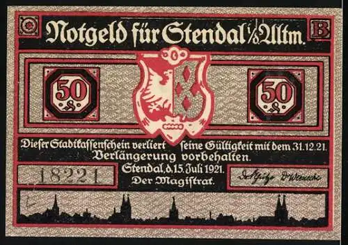 Notgeld Stendal 1921, 50 Pfennig, Motiv mit Wappen und Stadtansicht