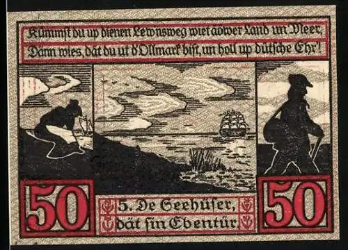 Notgeld Stendal 1921, 50 Pfennig, Seemotiv mit Schiff und Silhouette eines Mannes, Stadtwappen und Skyline