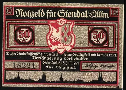 Notgeld Stendal 1921, 50 Pfennig, Seemotiv mit Schiff und Silhouette eines Mannes, Stadtwappen und Skyline