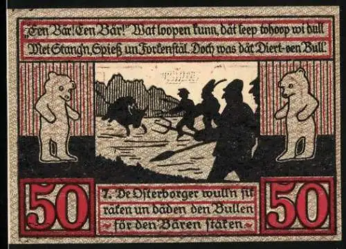 Notgeld Stendal, 1921, 50 Pfennig, zwei Bären und Menschen mit Hut auf Vorderseite, Stadtwappen und Text auf Rückseite