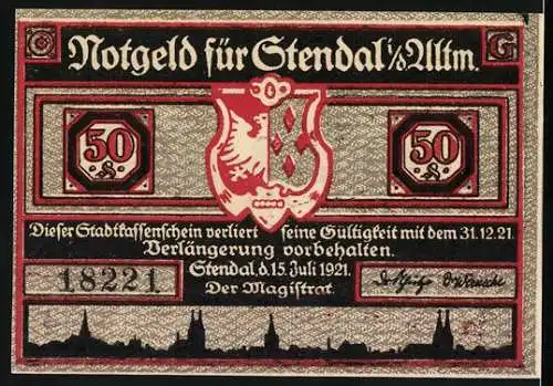 Notgeld Stendal, 1921, 50 Pfennig, zwei Bären und Menschen mit Hut auf Vorderseite, Stadtwappen und Text auf Rückseite