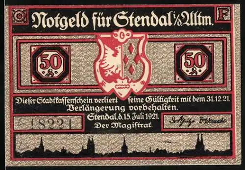 Notgeld Stendal, 1921, 50 Pfennig, Vorderseite Stadtwappen, Rückseite Werbern-Darstellung