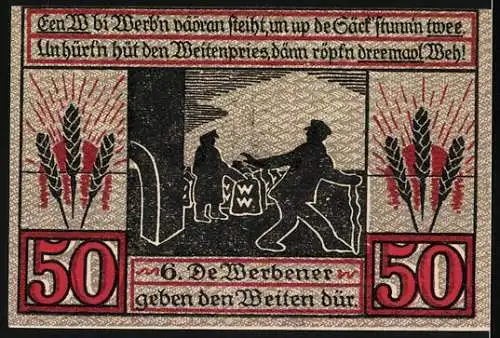 Notgeld Stendal, 1921, 50 Pfennig, Vorderseite Stadtwappen, Rückseite Werbern-Darstellung