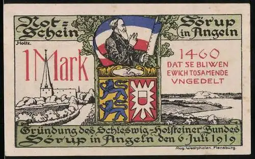 Notgeld Sörup in Angeln, 1919, 1 Mark, Gründung des Schleswig-Holsteinischen Bundes und Angler Deputation