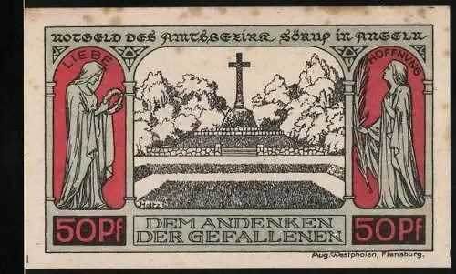 Notgeld Sörup in Angeln, 1920, 50 Pf, Dem Andenken der Gefallenen, Wappen und Kreuz, Gültigkeit 1 Monat