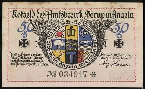 Notgeld Sörup in Angeln, 1920, 50 Pf, Dem Andenken der Gefallenen, Wappen und Kreuz, Gültigkeit 1 Monat