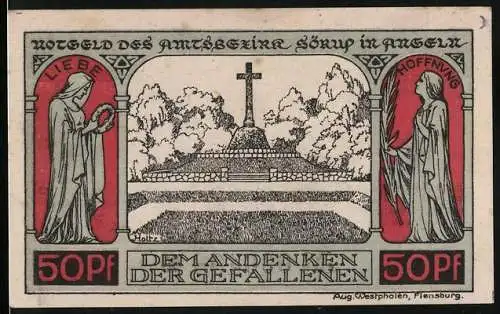 Notgeld Sörup in Angeln, 1920, 50 Pf, Dem Andenken der Gefallenen, Wappen und Kreuz