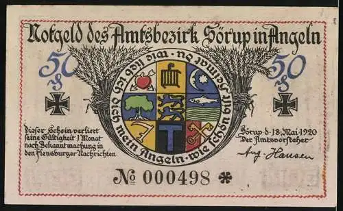 Notgeld Sörup in Angeln, 1920, 50 Pf, Dem Andenken der Gefallenen, Wappen und Kreuz