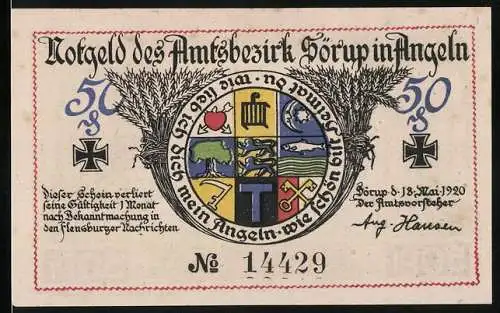 Notgeld Sörup in Angeln, 1920, 50 Pfennig, Wappen mit Getreide links und rechts, Rückseite: Gedenkstätte mit Figuren