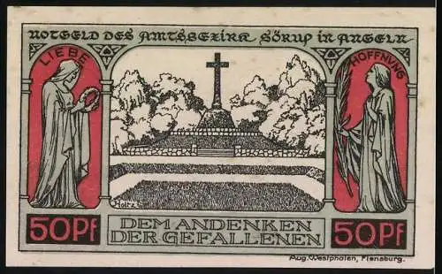 Notgeld Sörup in Angeln, 1920, 50 Pfennig, Wappen mit Getreide links und rechts, Rückseite: Gedenkstätte mit Figuren