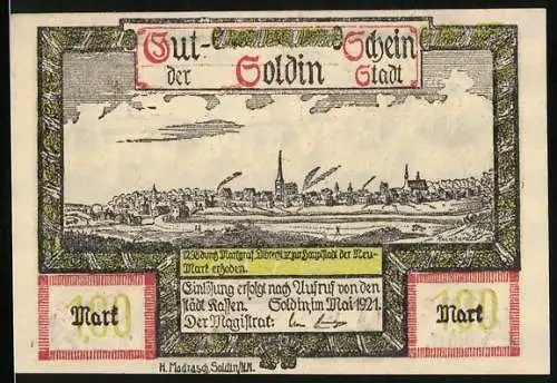 Notgeld Soldin, 1921, 1 Mark, Stadtszene und Burg, zerstört 1349, mit Text Leben ist Schaffen, Schaffen ist Sieg