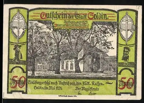 Notgeld Soldin, 1921, 50 Pfennig, Rathausgebäude und historische Symbole