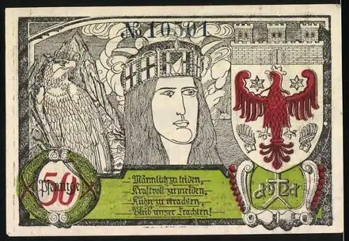 Notgeld Soldin, 1921, 50 Pfennig, Rathausgebäude und historische Symbole