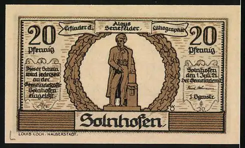 Notgeld Solnhofen, 1921, 20 Pfennig, Bodenplatten-Industrie und Alois Senefelder Erfinder der Lithographie