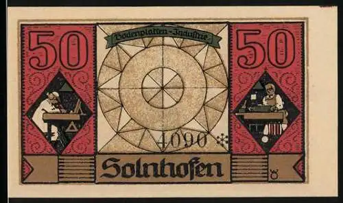 Notgeld Solnhofen, 1921, 50 Pfennig, Bodenplatten-Jubiläumsdesign mit Handwerkern und Statue von Aloys Senefelder