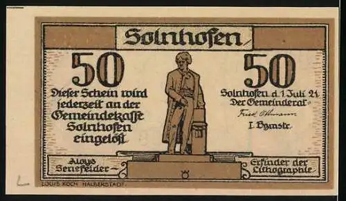 Notgeld Solnhofen, 1921, 50 Pfennig, Bodenplatten-Jubiläumsdesign mit Handwerkern und Statue von Aloys Senefelder