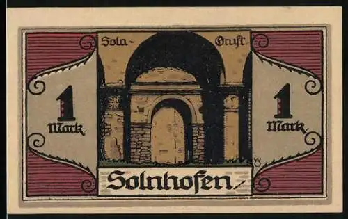 Notgeld Solnhofen, 1 Mark, Vorderseite mit Soln-Gruft und Rückseite mit Alois Senefelder und Text