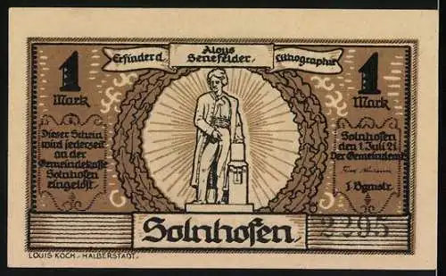 Notgeld Solnhofen, 1 Mark, Vorderseite mit Soln-Gruft und Rückseite mit Alois Senefelder und Text